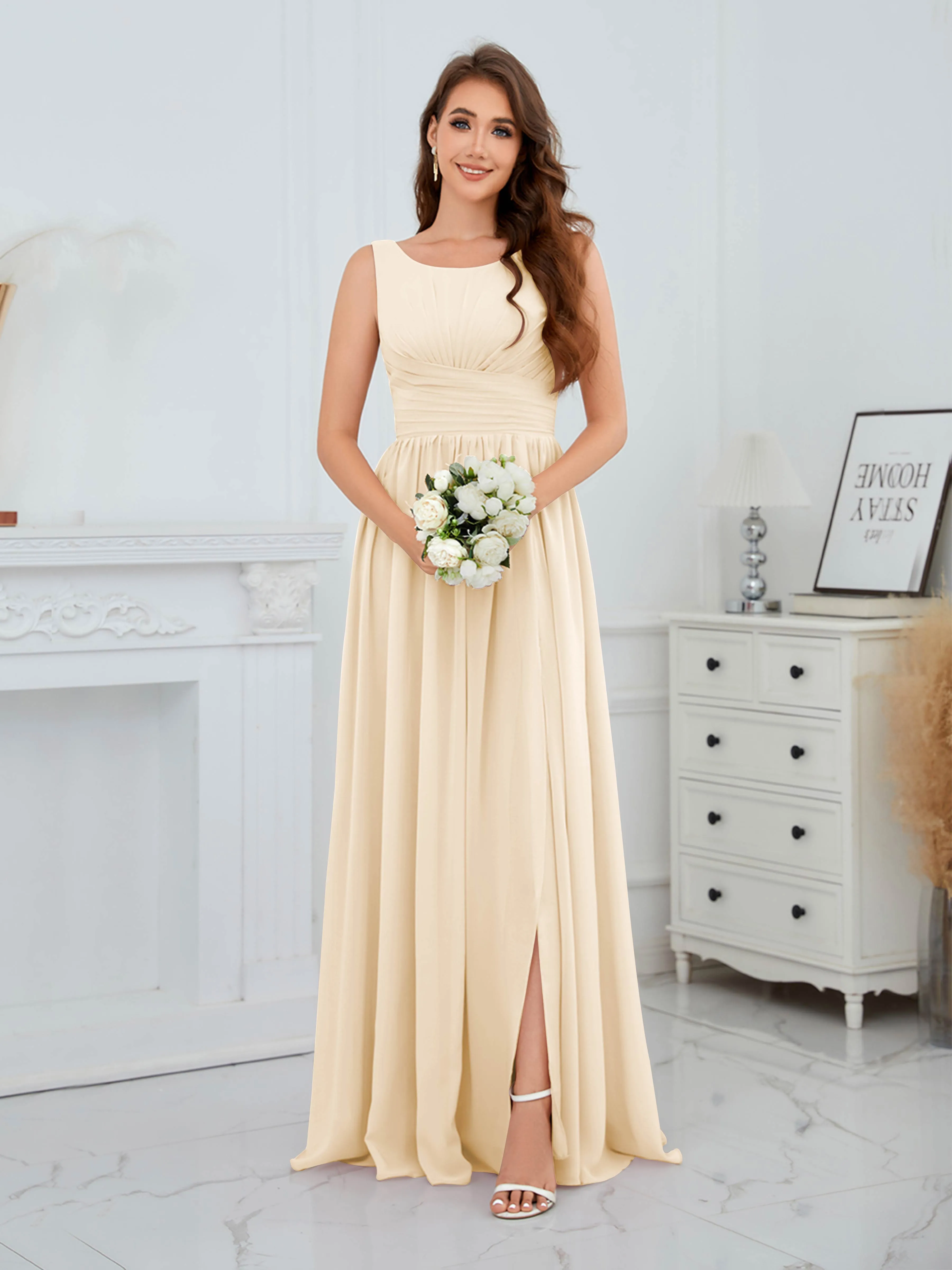 Elaine Chic Scoop Sleeveless Ruched Floor Length Chiffon Bridesmaid Dresses