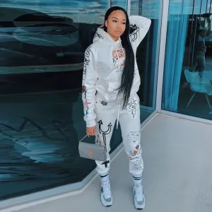 Fashionkova  Graffiti Streetwear Winter Warm Two Piece Set Women Tracksuit Female Hoodies Pants Women Matching Sets Outfits Sweatsuit